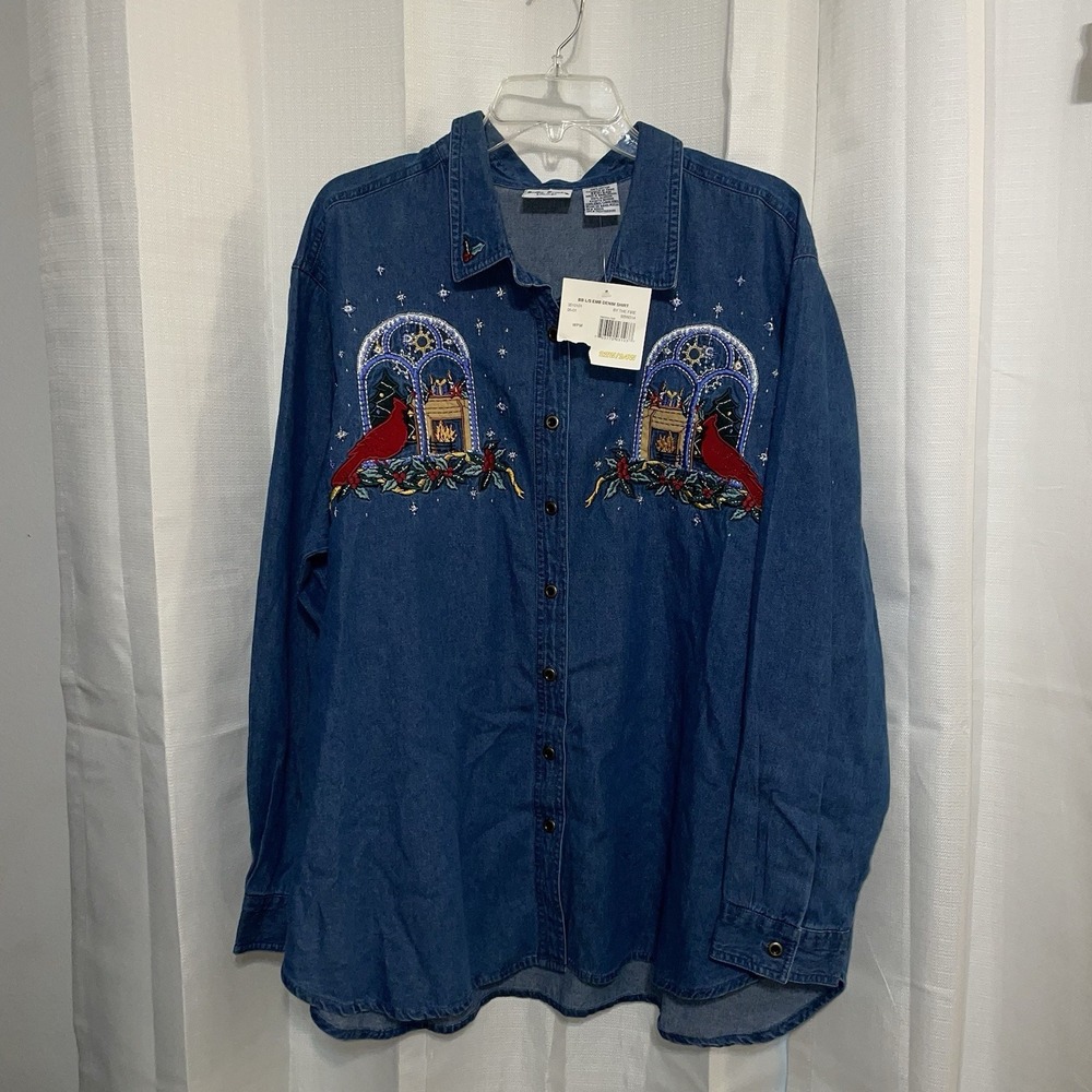 Bobbie Brooks Women VTG Chambray Denim Christmas Cardinal Button-up NEW‎ 22W/24W
